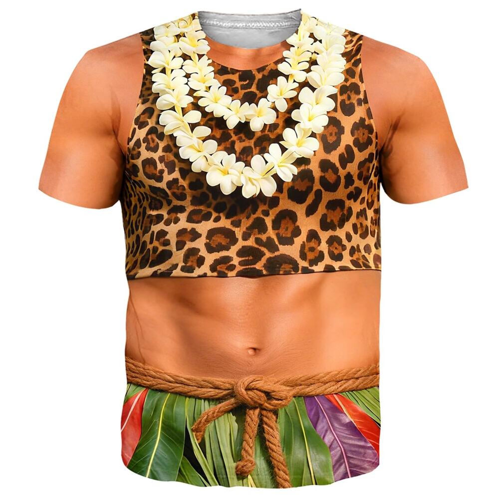 Goodstoworld Mens L Hawaiian T Shirt 3D Print Funny Leopard Lei Tropical Costume